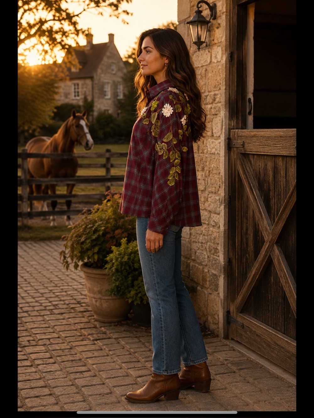 Beulah Floral Appliqué Plaid Shirt Oversized Western Cottagecore Top - Picture 4 of 13